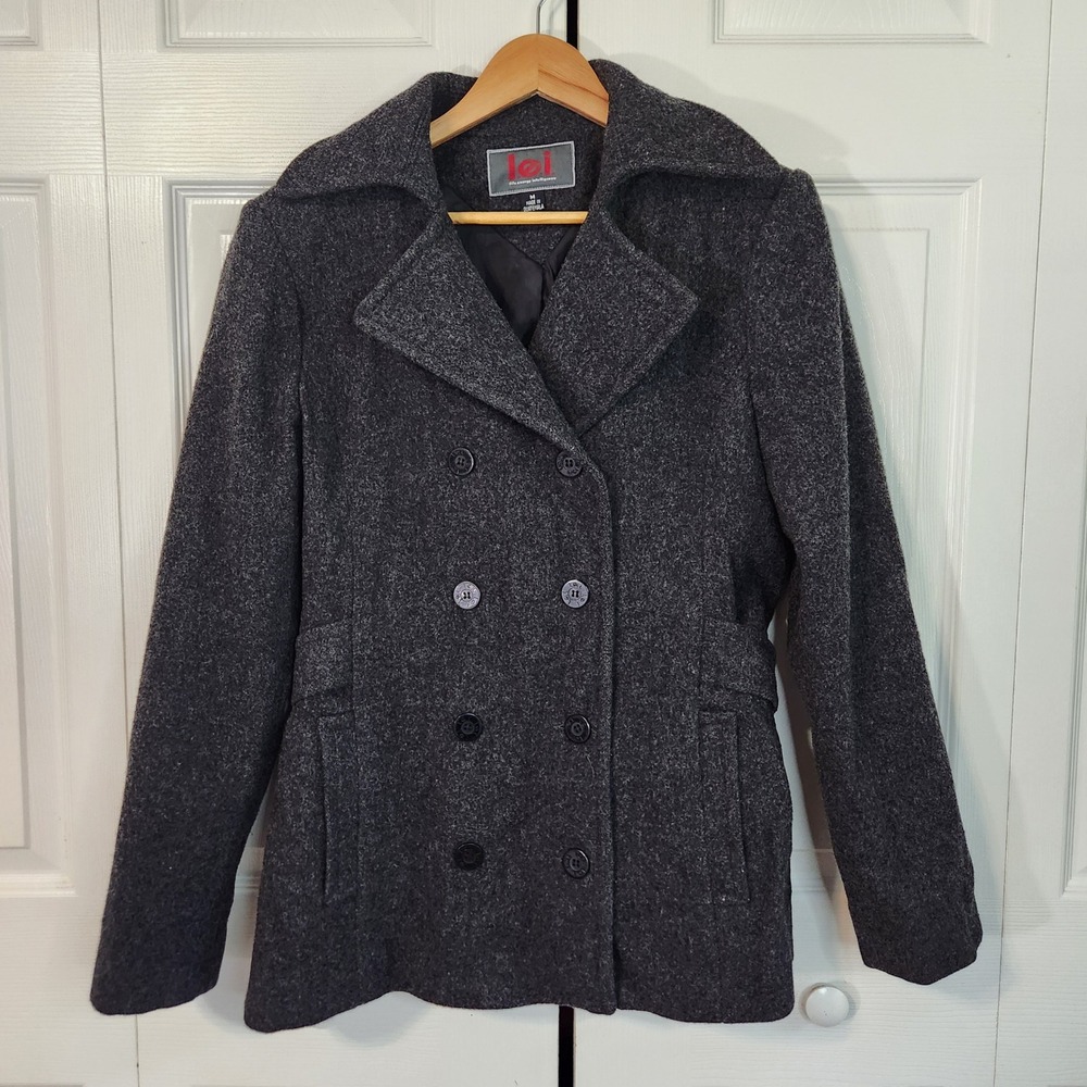 Vintage LEI Womens Charcoal Gray 100% Wool Double Breasted Pea Coat Size Medium